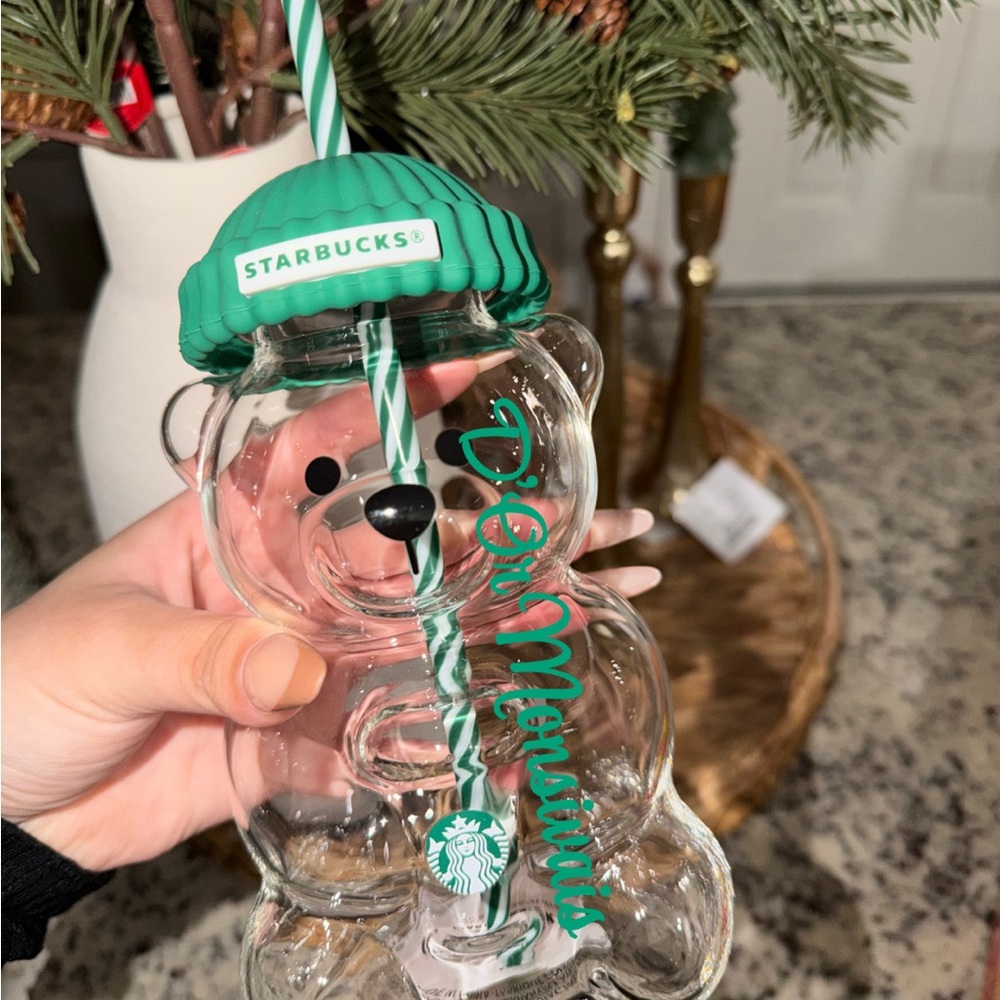 Starbucks Clear Bear Tumbler with Green Lid and Straw